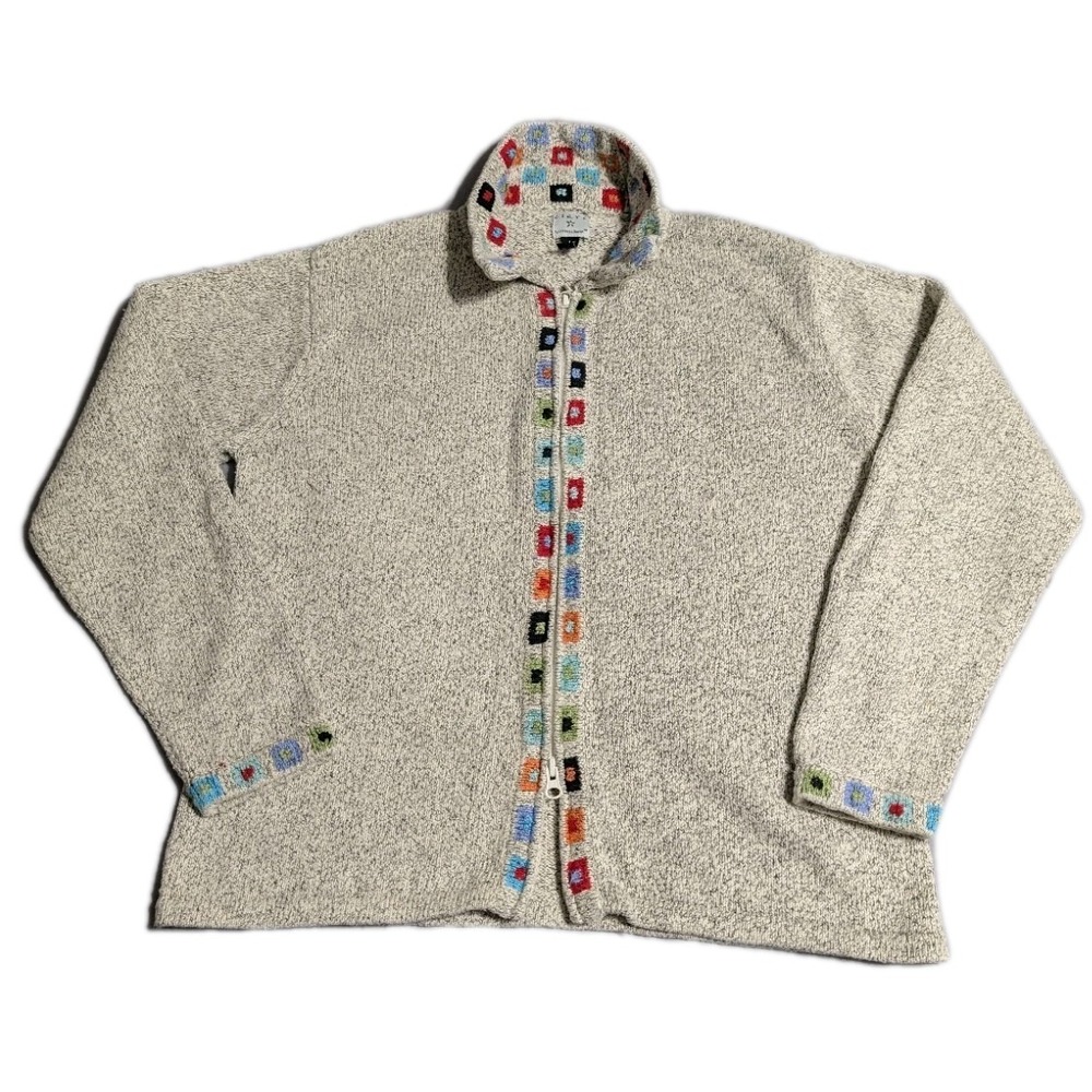 Clare by Icelandic Design Knit Zip Sweater Womens L Beige Multicolor Trim